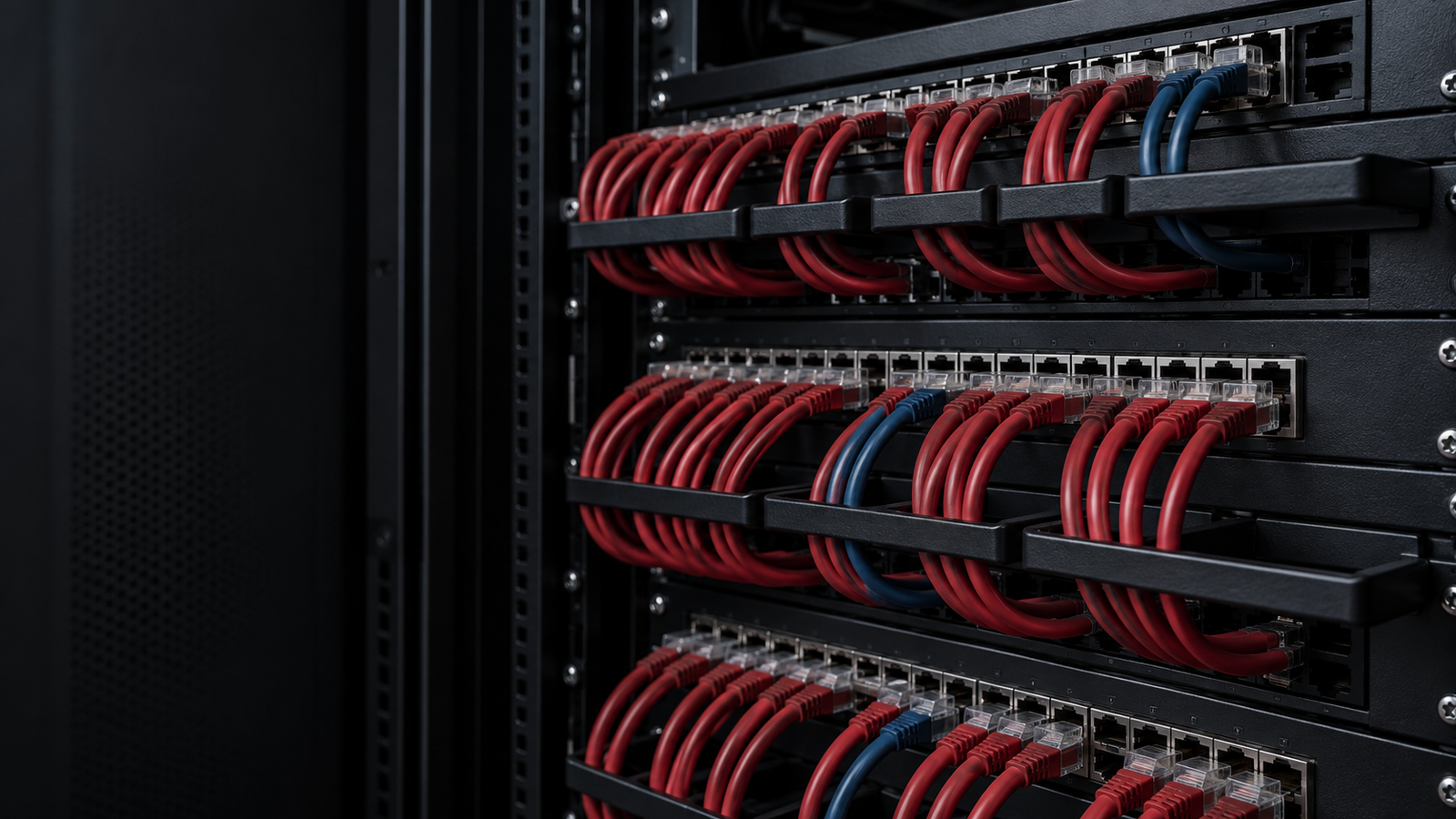 Imagem ilustrativa de cabeamento organizado em um rack de rede.